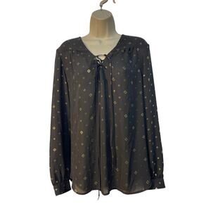 Faded Glory Navy/Golf Long Sleeve Tie Up V-Neck Blouse Size XL 16/18 Pre-owned‎